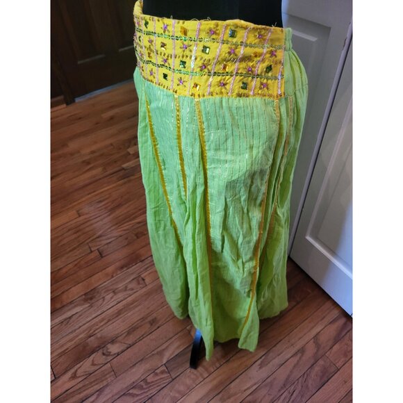 Green/Yellow Metallic Gold Jeweled Boho Midi Skirt L Hippie Gypsy Festival - Picture 5 of 9